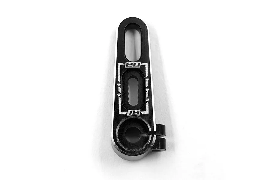 A black anodized aluminium servo horn with silver chamfered edges, featuring laser-etched markings for 16mm and 20mm settings.