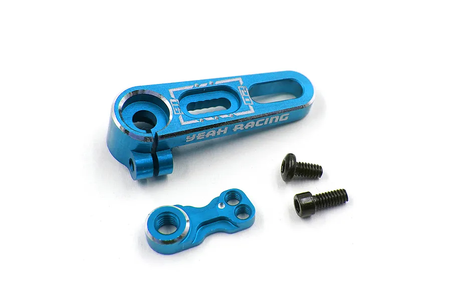 A blue anodized aluminium servo horn with two small black screws on a white background.