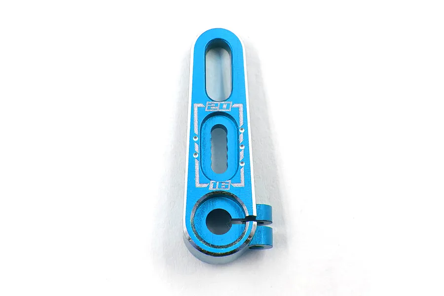 A blue anodized aluminium servo horn for RC vehicles, featuring laser-etched markings and a clamping design.