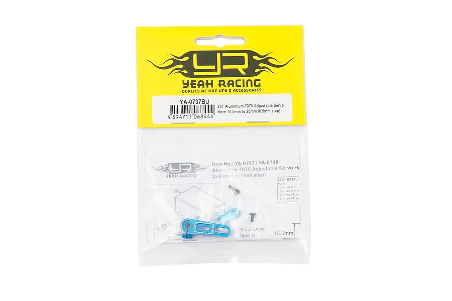 Yeah Racing Aluminium 25T Adjustable Servo Horn in blue packaging, showing the metal horn and included screws inside a clear plastic bag with a yellow header.