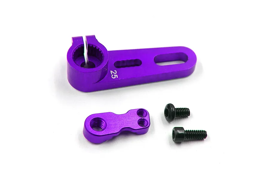 A purple anodized aluminium 25T servo horn with an adjustable arm, a small mounting plate, and two black hex screws on a white background.