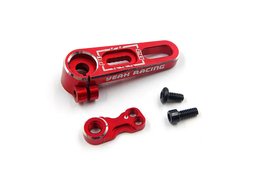 A red anodized aluminium servo horn set by Yeah Racing, including a main arm, a smaller linkage piece, and two black hex screws.