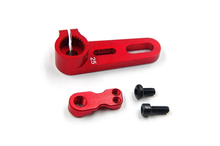 A red anodized aluminium 25T servo horn with a separate red mounting plate and two black hex screws on a white background.
