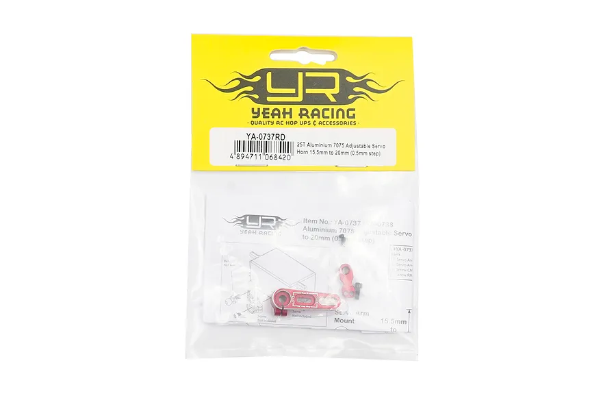 Yeah Racing 25T Aluminium Servo Horn in red, packaged in a clear plastic bag with a yellow header card.