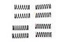 A set of eight black metal RC shock springs arranged in two columns on a white background, each featuring a small color-coded mark on one end.