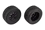 Two Team Associated 2.2-inch RC truck wheels with black rims and knobby off-road rubber tyres, shown from front and rear angles.