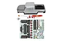 Element RC Utron 1/10 scale grey painted crawler body shell with included decal sheets, bumpers, and small plastic accessories on a white background.