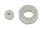 Two white plastic RC transmission gears of different sizes isolated on a white background.