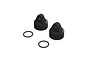 Two black ARRMA shock caps and two black rubber O-rings on a white background.