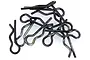 A pile of ten black metal R-clips or body pins for RC vehicles against a plain white background.