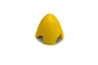 A bright yellow foam RC airplane spinner with cutouts for propeller blades, isolated on a white background.