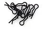 A pile of ten black metal R-clips or body pins for RC vehicles against a white background.