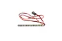 Axial LED light bar circuit board with red and black wiring and a two-pin connector on a white background.