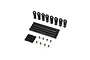 A set of RC suspension components including four black metal link bars, eight black plastic rod ends, eight metal pivot balls, and eight threaded grub screws.