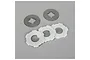 Losi slipper clutch set including two metal plates and three white plastic slipper pads on a grey background.