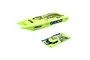 A bright neon green RC boat hull and matching canopy with Miss Geico branding and gecko graphics on a white background.