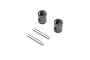 Two black cylindrical driveshaft cups and two silver metal pins for an RC car drivetrain.