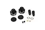 Two black aluminium Pro-Line Fox shock caps with associated rubber diaphragms, pivot balls, washers, and small screws on a white background.