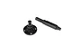 Two black metal RC drivetrain components, including a flanged output shaft and a hexagonal drive shaft, isolated on a white background.