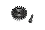 A black metal 21T pinion gear and a matching hex head grub screw isolated on a white background.