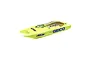 A bright yellow Pro Boat Miss Geico RC catamaran hull featuring green gecko graphics and blue GEICO branding on a white background.