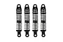 Four Pro-Line 1/18 scale RC shock absorbers with black caps and bases and silver threaded bodies, arranged vertically against a white background.