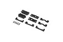 A set of black plastic RC chassis braces and small mounting screws from Losi, arranged on a white background.
