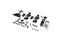 A set of black plastic RC car interior and exterior detail parts on sprues, including seats, steering wheel, and dashboard components.