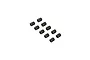 A set of ten small black metal grub screws with hexagonal drive sockets arranged in a grid pattern against a white background.