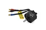 A black Spektrum 3226 970Kv brushless motor with three wires ending in gold-plated bullet connectors and a yellow caution tag attached.