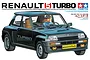 Box art for Tamiya 1/24 Renault 5 Turbo model kit featuring an illustration of a black Renault 5 Turbo car with a driver inside.