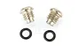 Two silver metal threaded differential pin removal screws and two black rubber O-ring seals arranged on a white background.