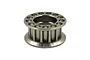 A titanium-coloured aluminium RC pulley with a gear-like design and circular cutouts on the top flange.