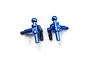 Two blue anodized aluminium RC steering knuckles with ball joints and black plastic inserts on a white background.