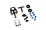 Yeah Racing Aluminium and Carbon Fibre Roll Damper Set components including carbon plates, blue aluminium spacers, screws, nuts, and springs.