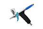 Scale Modellers Supply Dragonair trigger-style airbrush with a chrome body, blue accents, and a black pistol-grip handle against a white background.