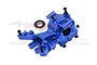 A blue anodized aluminium RC car bulkhead component with pre-installed black screws and a metal ball bearing, set against a white background.