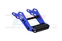 A blue anodized aluminium adjustable wheelie bar for RC cars by GPM Racing, featuring a black rubber roller and metal hardware.