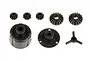 A set of black plastic RC differential parts including a main case, cover, and various internal bevel gears on a white background.