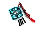 A blue Yeah Racing Tornado 30x30mm RC cooling fan with attached red and black wires, a red connector, and four black mounting screws on a white background.