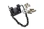 Yeah Racing adjustable drop hitch in black with included mounting hardware, chain, and hitch pin on a white background.