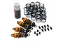 Yeah Racing 55mm orange shock absorber set including four assembled shocks, a bottle of silicone oil, spare springs, and mounting hardware.