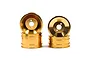 Four gold-coloured aluminium RC car rims stacked in two piles against a white background.