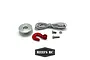 Reefs RC winch spool kit including a silver aluminium spool, red metal hook, grey winch line, and mounting hardware on a white background.
