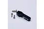 A black anodized aluminium Reefs RC 25T servo horn with three included silver metal mounting screws on a plain white background.