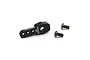 A black Reefs RC aluminium 25T shorty micro servo horn with two small mounting screws on a white background.