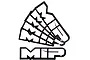 A set of six white and black MIP brand logo stickers arranged in a fan shape on a white background.