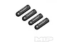 Four black cylindrical MIP driver tip caps arranged diagonally on a white background.