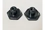 Two black metal serrated wheel nuts for RC vehicles, shown side-by-side on a plain white background.