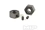 Two dark metal 12mm keyed wheel hexes and two small grub screws on a white background with the MIP logo in the corner.
